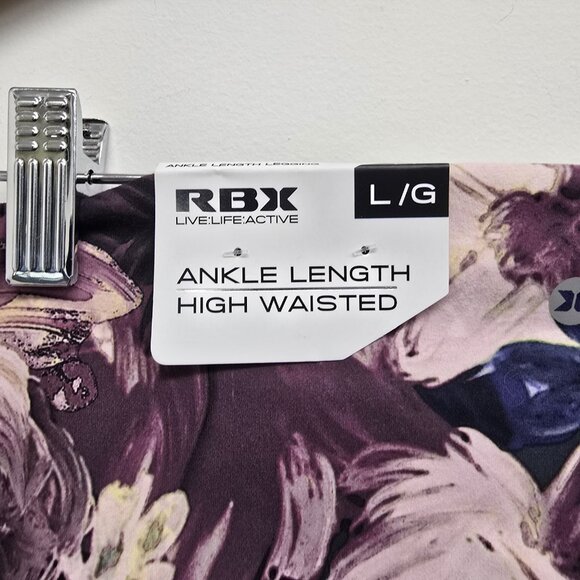 NEW RBX High Waisted Ankle Length Leggings Size Large Purple Floral Stretch NWT - Picture 4 of 13